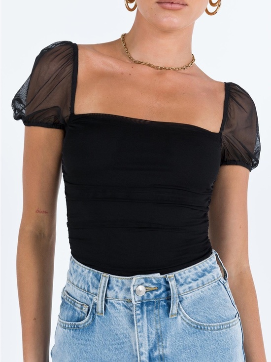 Princess Polly Tops - Princess Polly Black Mesh Puff Sleeve Bodysuit Sz 4